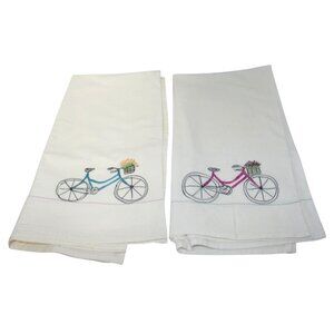 Handmade Dish Tea Towels Embroidered Bicycles & Flowers  29x29 Leos Dry Goods